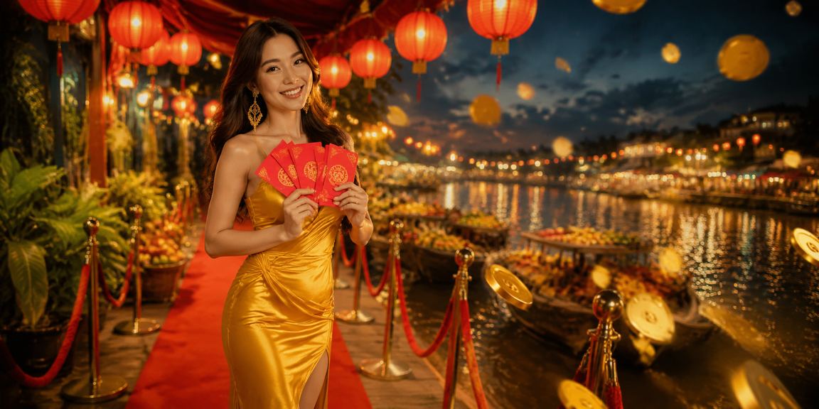Không khí chợ đêm miền Tây Nam Bộ với phong bao đỏ may mắn và lễ hội casino